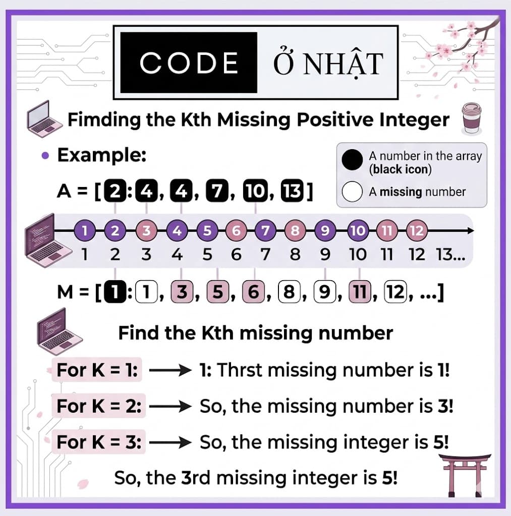 Algos 101: Tìm số nguyên bị thiếu tại vị trí K trong mảng đã sắp xếp
